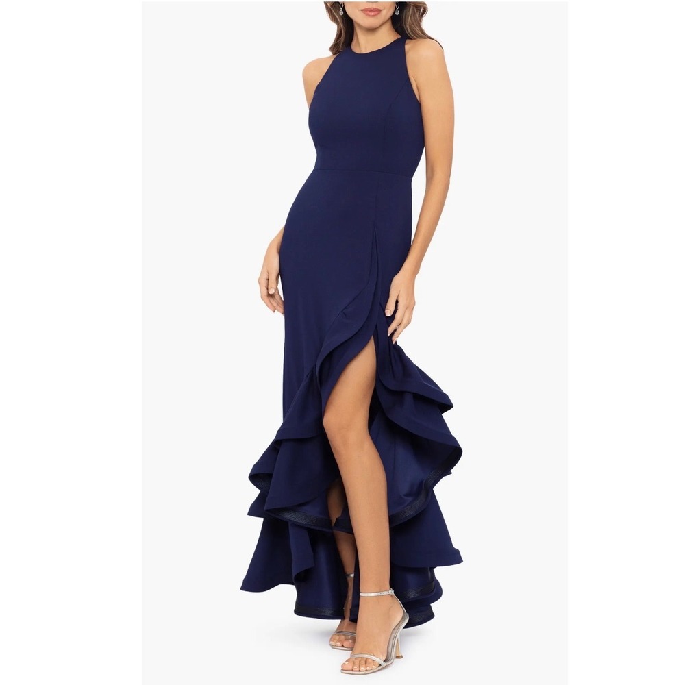 NWOT Betsy & Adam Navy Blue Halter Ruffle High Low Evening Gown Size 2 A22845